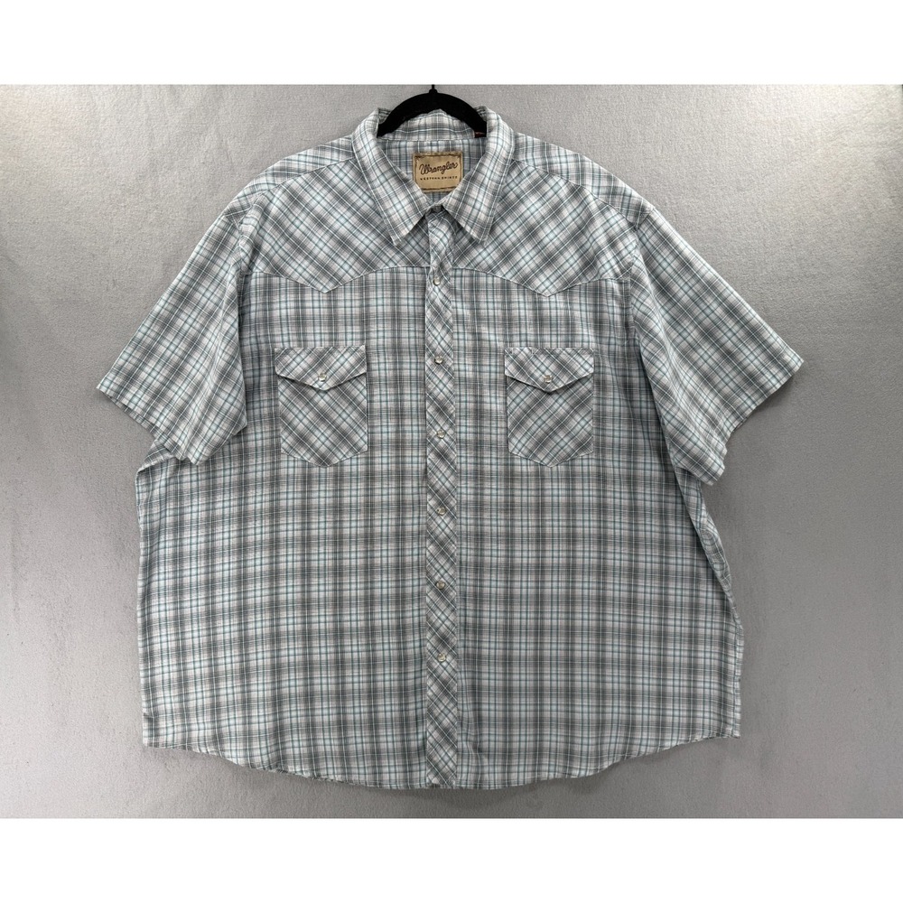 Wrangler Snap Shirt Mens 3XL Blue Gray Plaid Cowboy Rodeo Rancher Short Sleeve